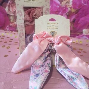 Bridgerton Pink Satin Floral Hair Scarf Scrunchies